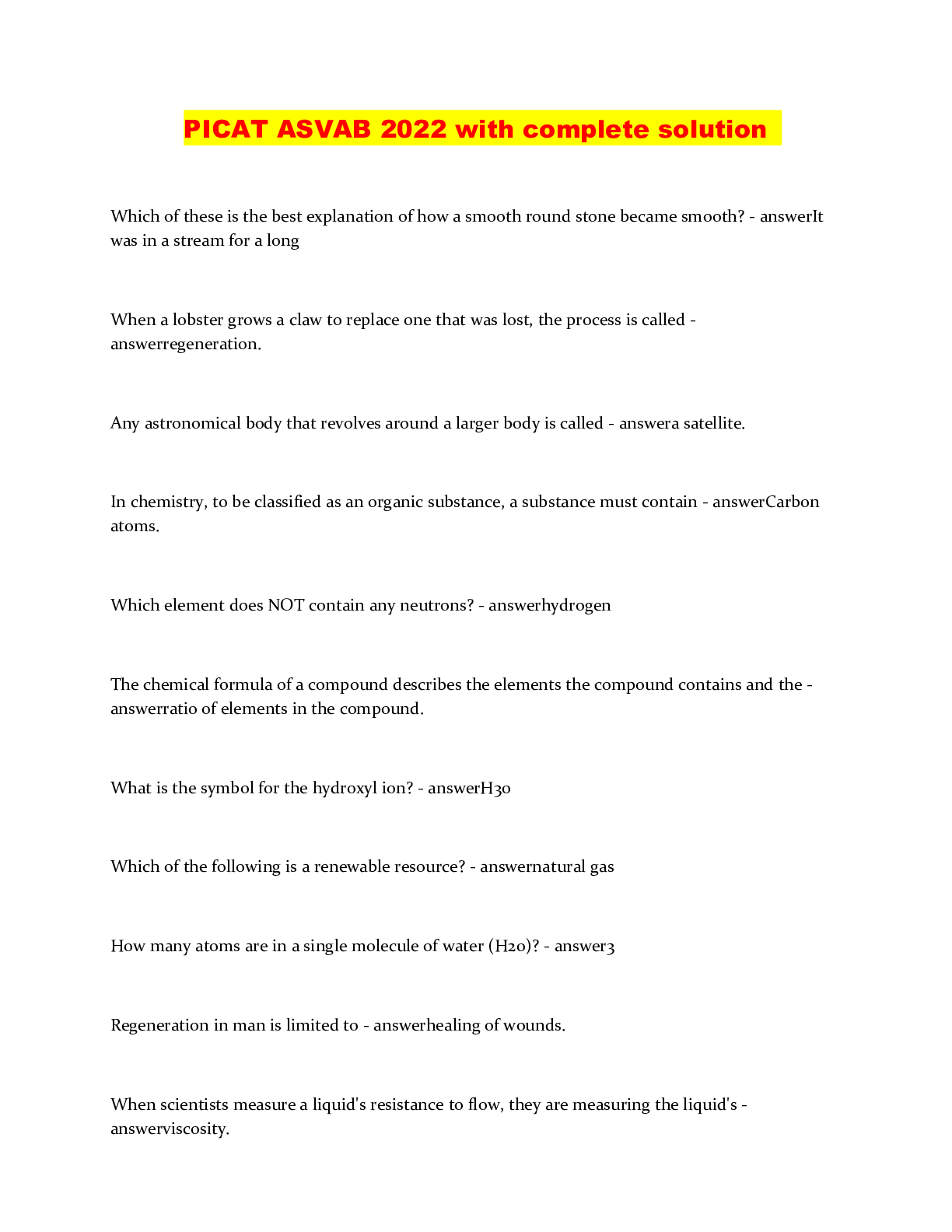 Preview image of PICAT ASVAB 2022 with complete solution document